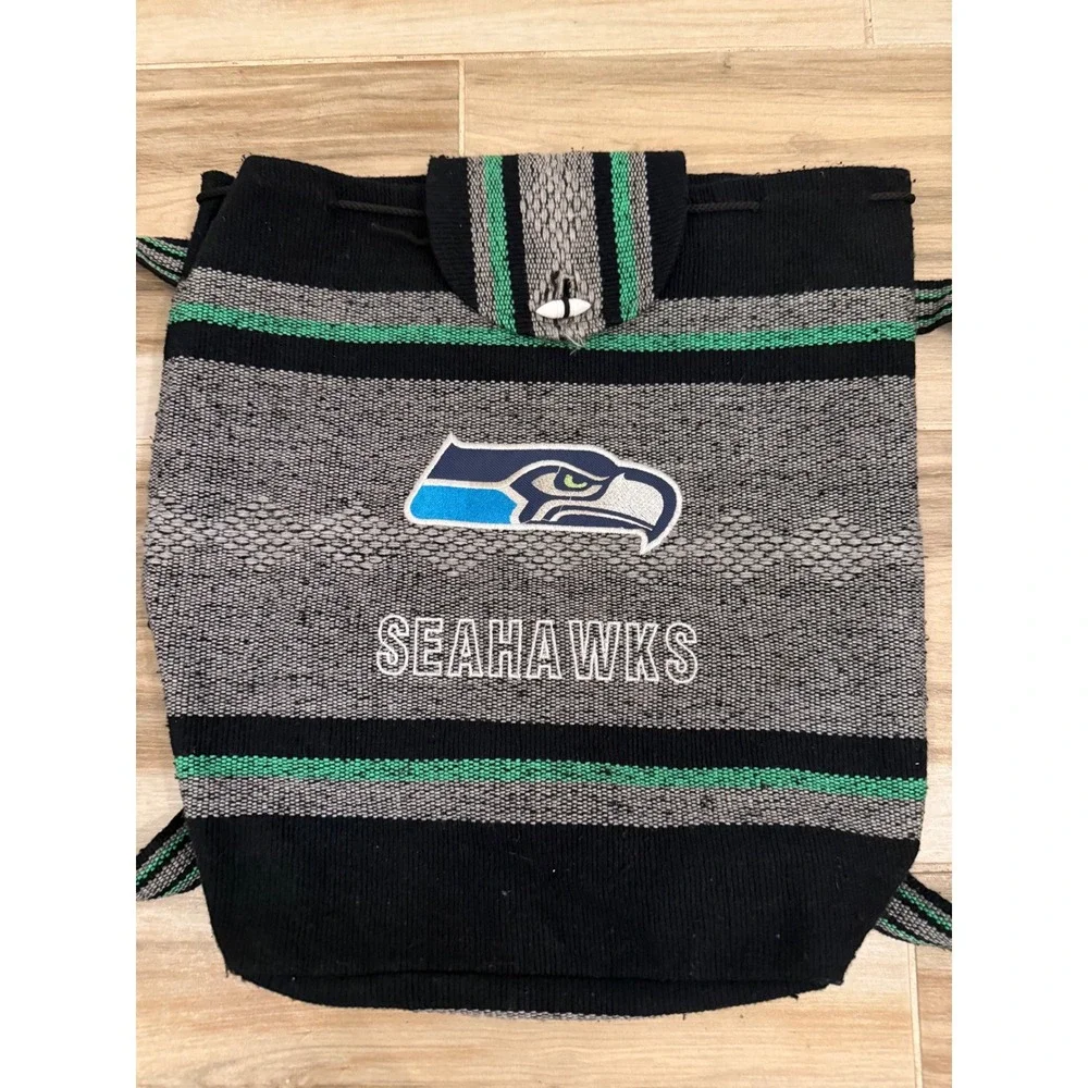 Seattle Seahawks Woven Baja‎ Backpack Striped Drawstring Bag NFL Fan Gear Black